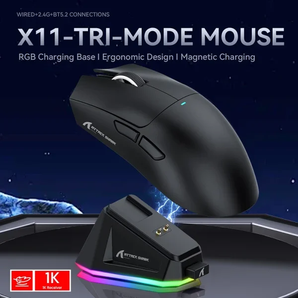 Bežični gaming miš Attack Shark X11 PAW3311/22000 DPI/TriMode/Black + Charging Dock