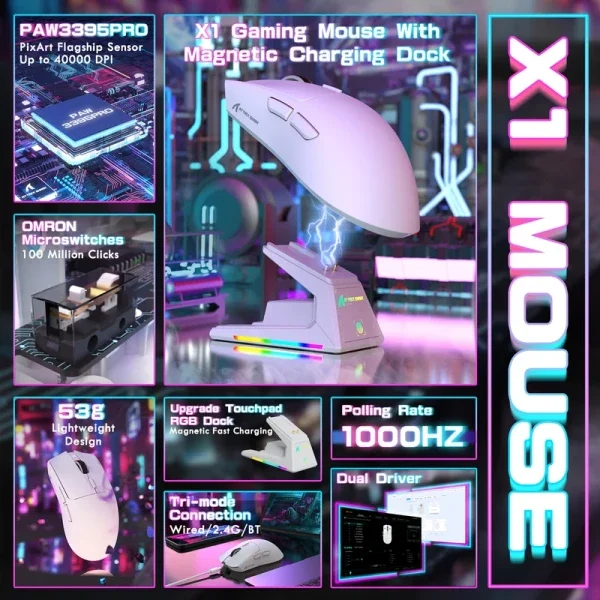 Bežični gaming miš Attack Shark X1 PAW3395PRO/40000 DPI/Omron Switches/TriMode/White + Charging Dock