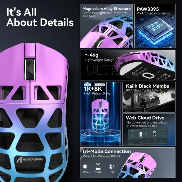Bežični gaming miš Attack Shark R3 PAW3395/Magnesium/Superlight/8KHz Pooling/Purple Blue