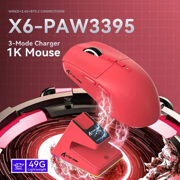 Bežični gaming miš Attack Shark X6 PAW3395/26000 DPI/Superlight/TriMode/Red + Charging Dock