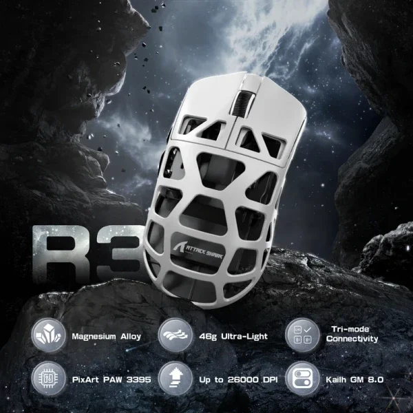 Bežični gaming miš Attack Shark R3 PAW3395/Magnesium/Superlight/8KHz Pooling/White