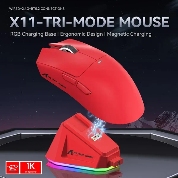 Bežični gaming miš Attack Shark X11 PAW3311/22000 DPI/TriMode/Red + Charging Dock
