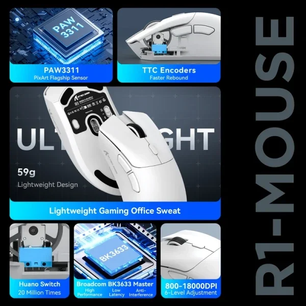 Bežični gaming miš Attack Shark R1 PAW3311/TriMode/Superlight/Ergonomic/White