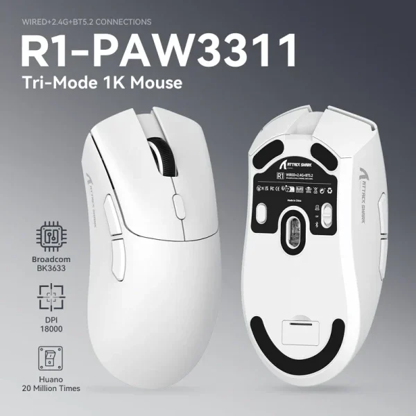 Bežični gaming miš Attack Shark R1 PAW3311/TriMode/Superlight/Ergonomic/White