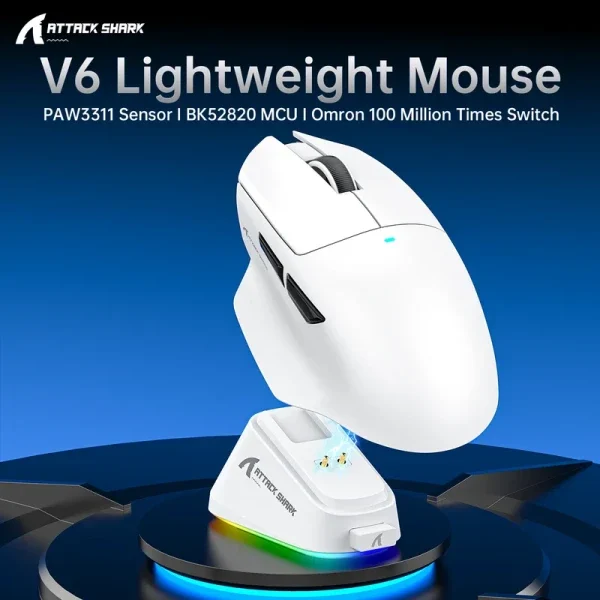 Bežični gaming miš Attack Shark V6 PAW3311/25000 DPI/Omron Switches/White + Charging Dock