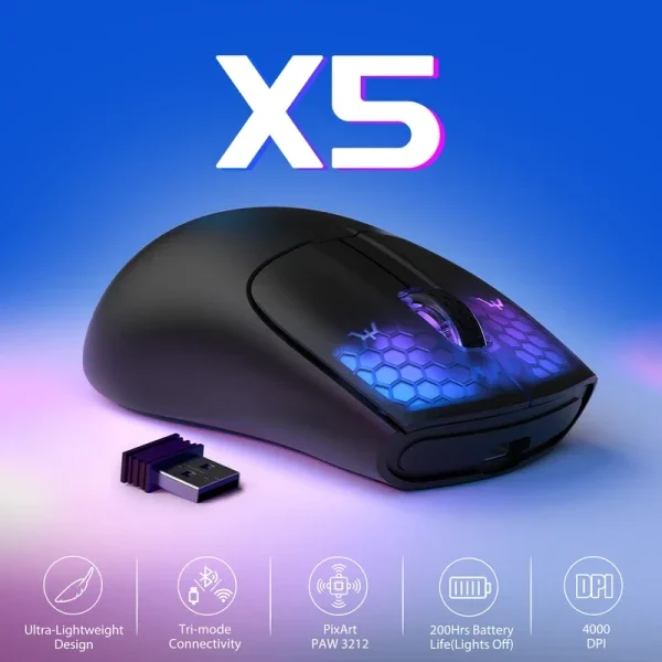 Bežični gaming miš Attack Shark X5 TriMode/Superlight/LongBattery/RGB Click/Ergonomic/Black