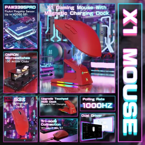 Bežični gaming miš Attack Shark X1 PAW3395PRO/40000 DPI/Omron Switches/TriMode/Red + Charging Dock
