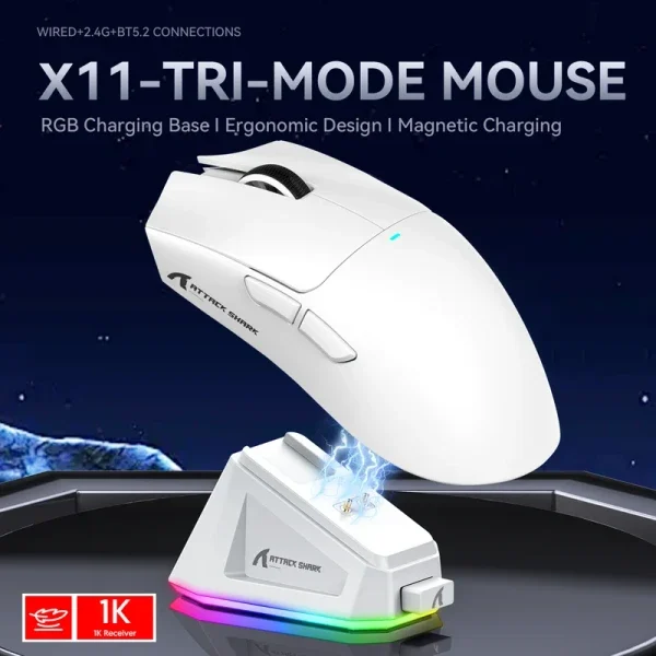 Bežični gaming miš Attack Shark X11 PAW3311/22000 DPI/TriMode/White + Charging Dock