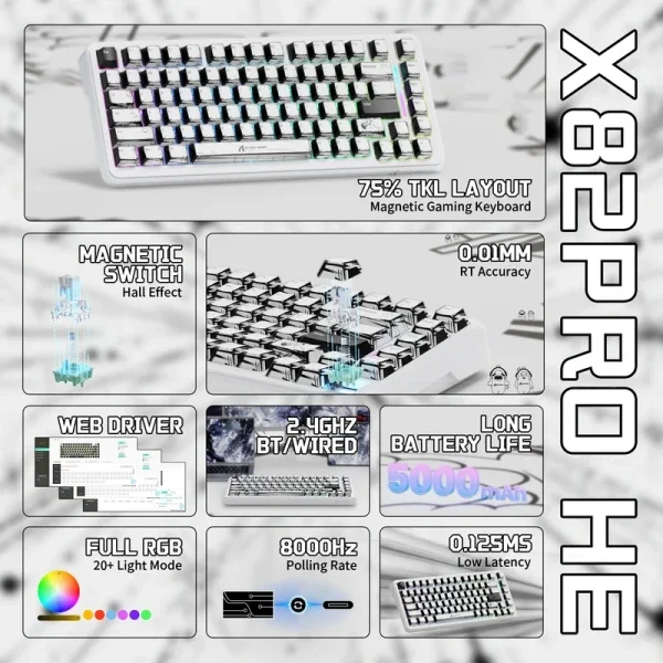 Bežična gaming tastatura Attack Shark X82 Pro HE Magnetic Switches/RT/SnapTap/DKS/MT/TGL/Comic White