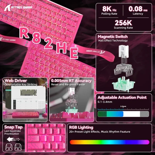 Gaming tastatura Attack Shark R82HE Magnetic Switches/8KHz/RT/Snap Tap/DKS/MT/TGL/Pink Countur
