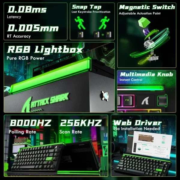 Gaming tastatura Attack Shark R85HE Magnetic Switches/8KHz/RT/Snap Tap/DKS/MT/TGL/Fluorescent Green