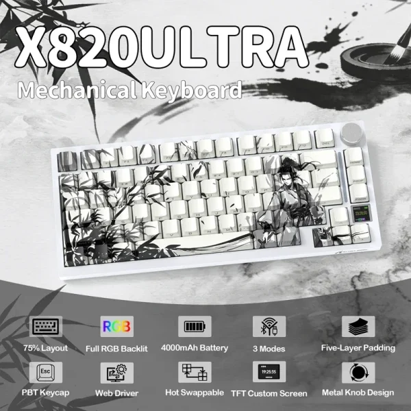 Bežična gaming tastatur Attack Shark X820Ultra Mehanička/TriMode/TFT Screen/Gaskett/Dark Warrior