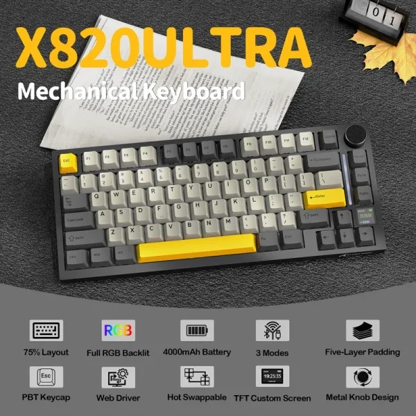 Bežična gaming tastatur Attack Shark X820Ultra Mehanička/TriMode/TFT Screen/Gasket/Starry Black
