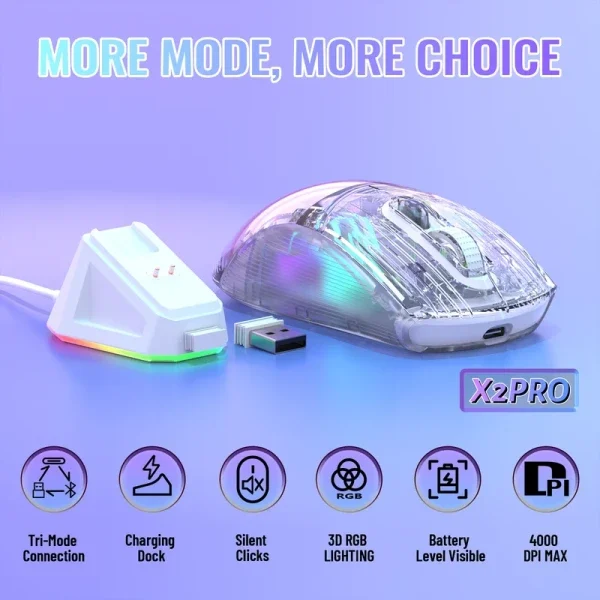Bežični gaming miš Attack Shark X2Pro Silent/TriMode/Transparent/3D RGB + Charging Dock