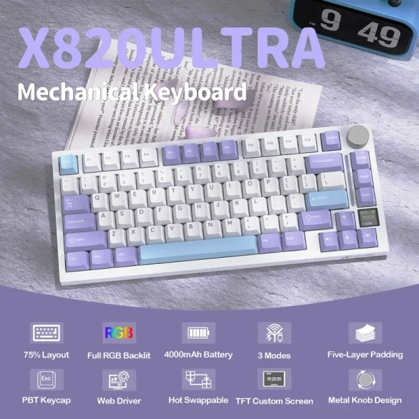 Bežična gaming tastatur Attack Shark X820Ultra Mehanička/TriMode/TFT Screen/Gasket/Lavender