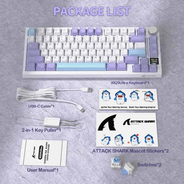 Bežična gaming tastatur Attack Shark X820Ultra Mehanička/TriMode/TFT Screen/Gasket/Lavender