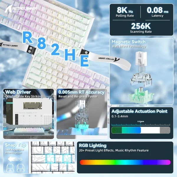 Gaming tastatura Attack Shark R82HE Magnetic Switches/8KHz/RT/Snap Tap/DKS/MT/TGL/White Countur