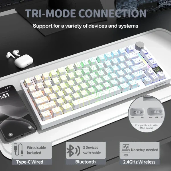 Bežična gaming tastatur Attack Shark X820Ultra Mehanička/TriMode/TFT Screen/Gasket/White Countur
