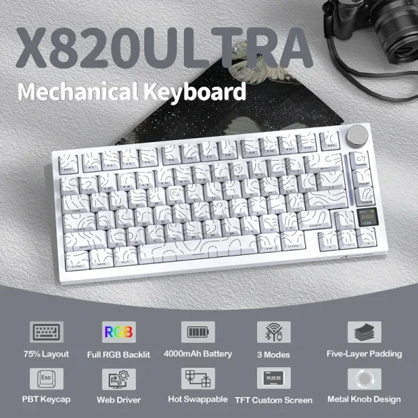 Bežična gaming tastatur Attack Shark X820Ultra Mehanička/TriMode/TFT Screen/Gasket/White Countur
