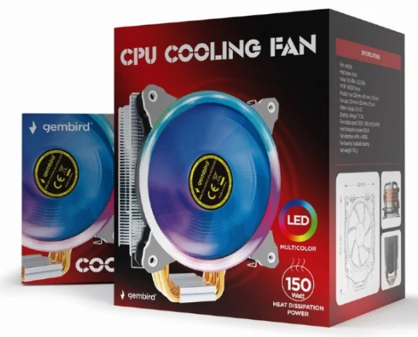CPU-HURACAN-ARGB-X130 Gembird LED  UNI kuler 150W 120mm.Fan +/-1600rpm 26dBa LGA 775/115x/1200/AMD