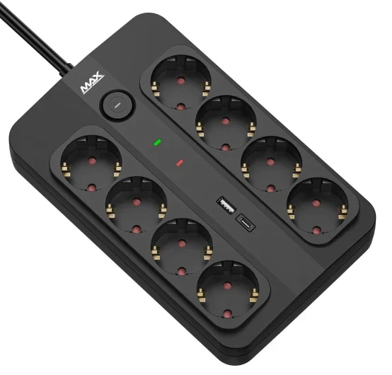 Produžni kabl sa prenaponskom zaštitom sa 8 utičnica MAX MPS-908SB-3M/3m/USB A & USB C port