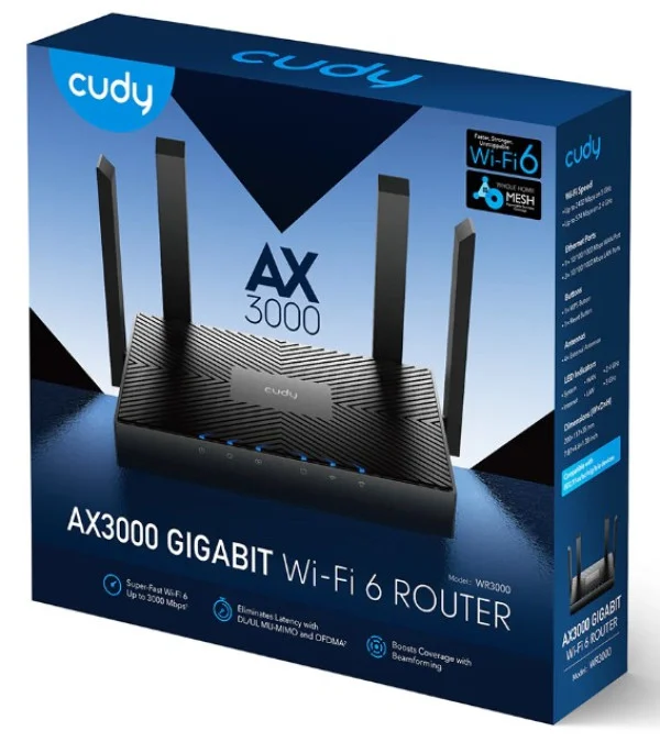 Cudy WR3000 AX3000 Mesh WIFI6 Dual Band 2.4+5Ghz Wi-Fi Ruter 1W/4LAN Gbit,4x5dBi, Wisp/AP/REP