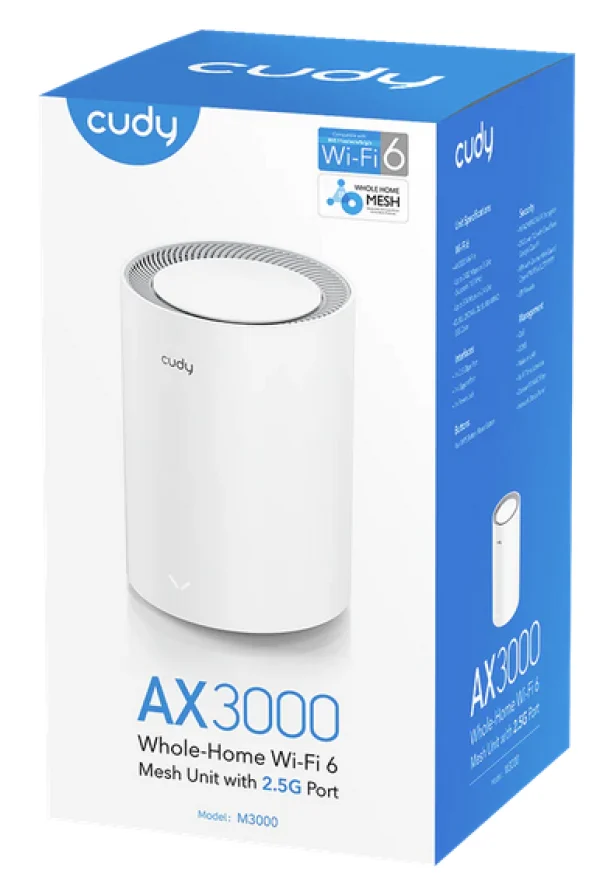 Cudy M3000 1-pack 2.0, AX3000 2.5G Mesh Wi-Fi 6 System White,4-Stream Dual-Band,2402 Mbps + 574 Mbps
